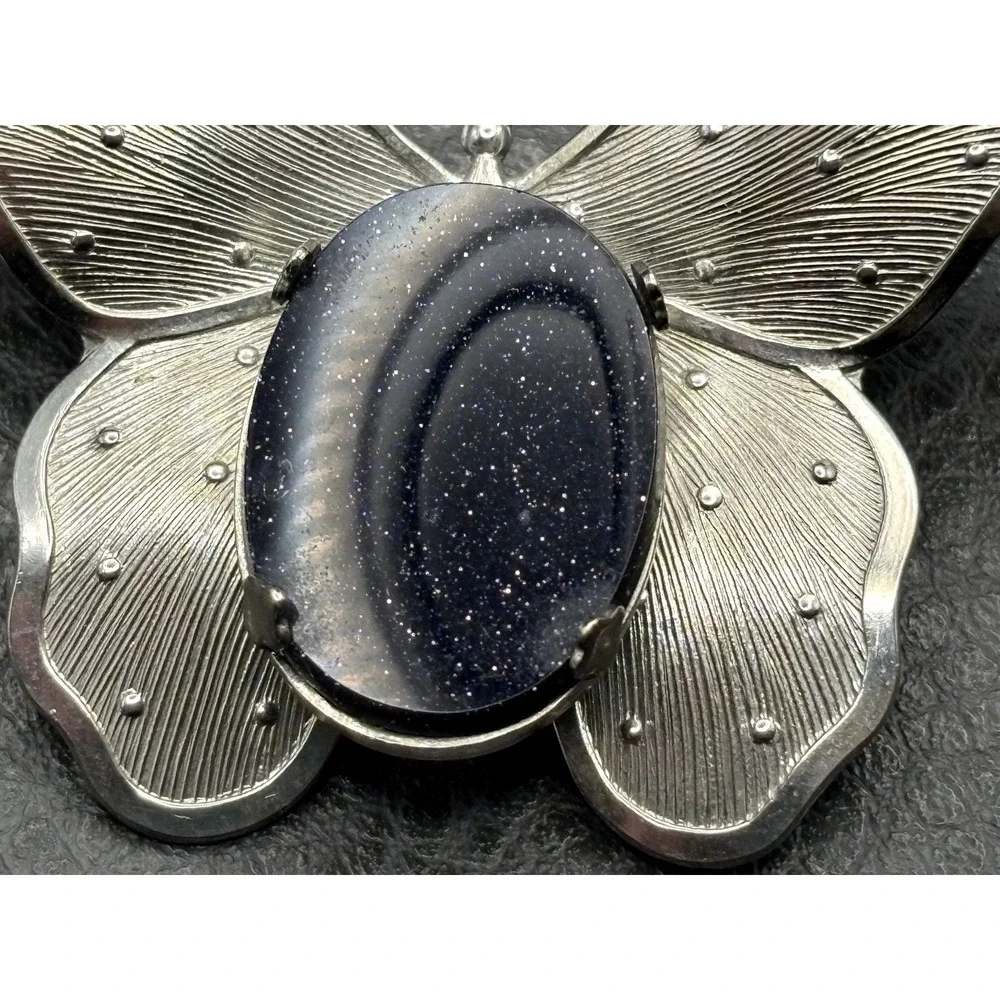 Vintage Silver Tone Butterfly Brooch Pin Dark Blue Goldstone Glitter Cabochons